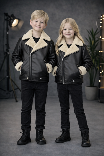 Unisex Kinder Lederjacke mit Fellfutter 5128 - Schwarz