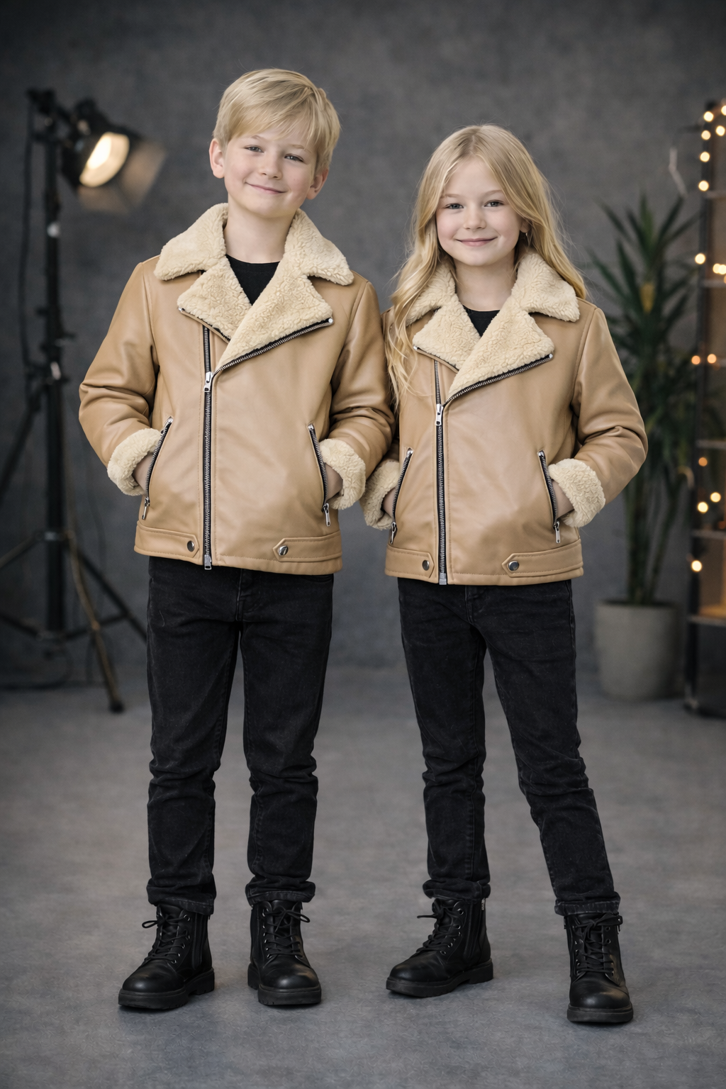 Unisex Kinder Lederjacke mit Fellfutter 5128 - Beige