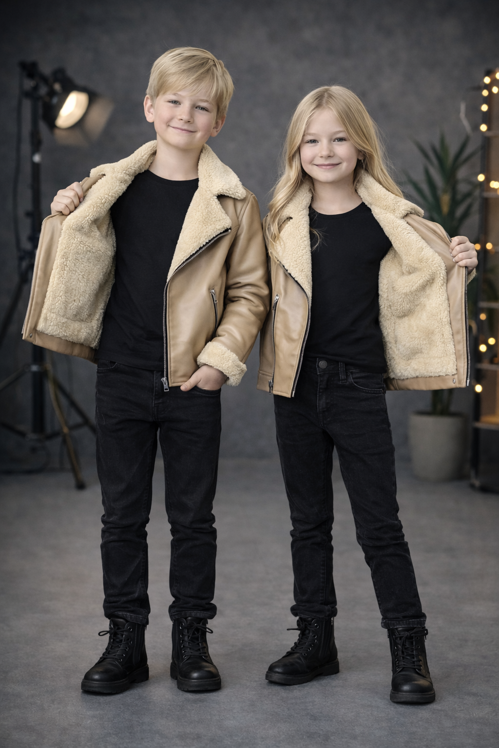 Unisex Kinder Lederjacke mit Fellfutter 5128 - Beige