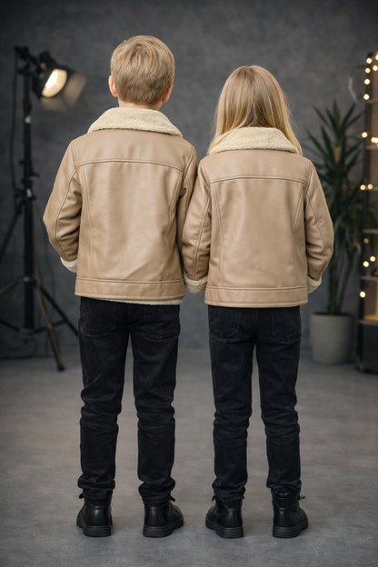 Unisex Kinder Lederjacke mit Fellfutter 5128 - Beige