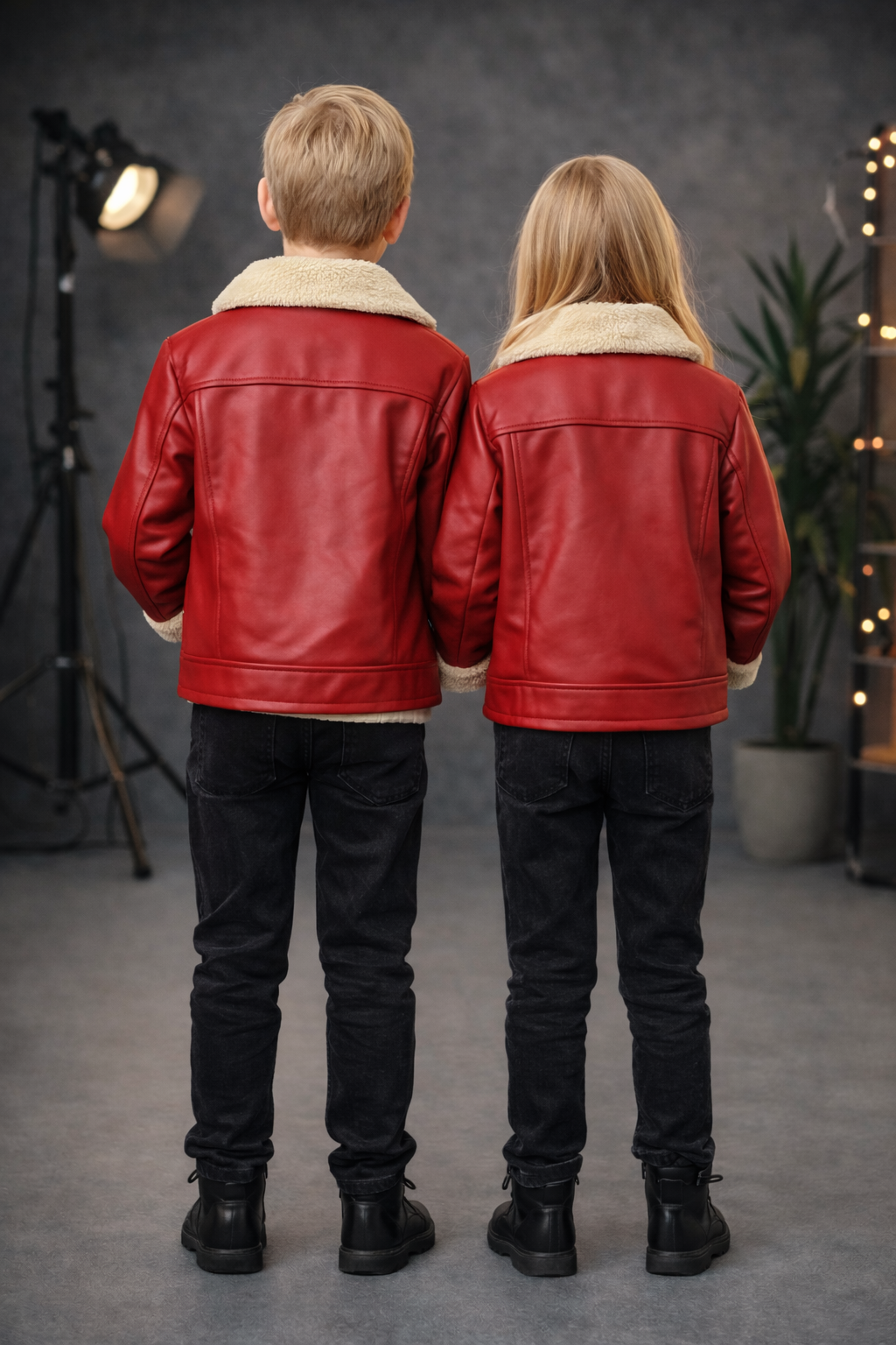 Unisex Kinder Lederjacke mit Fellfutter 5128 - Rot