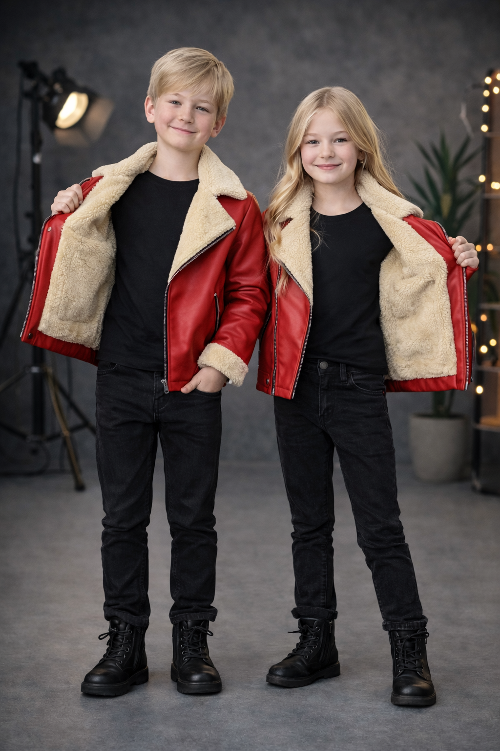 Unisex Kinder Lederjacke mit Fellfutter 5128 - Rot