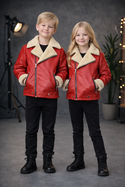 Unisex Kinder Lederjacke mit Fellfutter 5128 - Rot