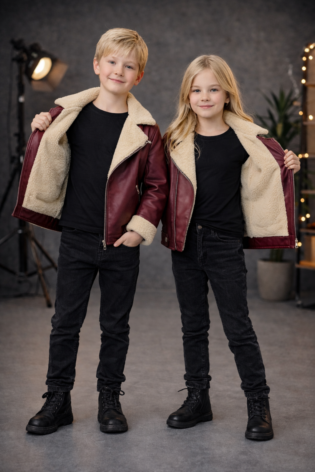 Unisex Kinder Lederjacke mit Fellfutter 5128 - Bordeaux