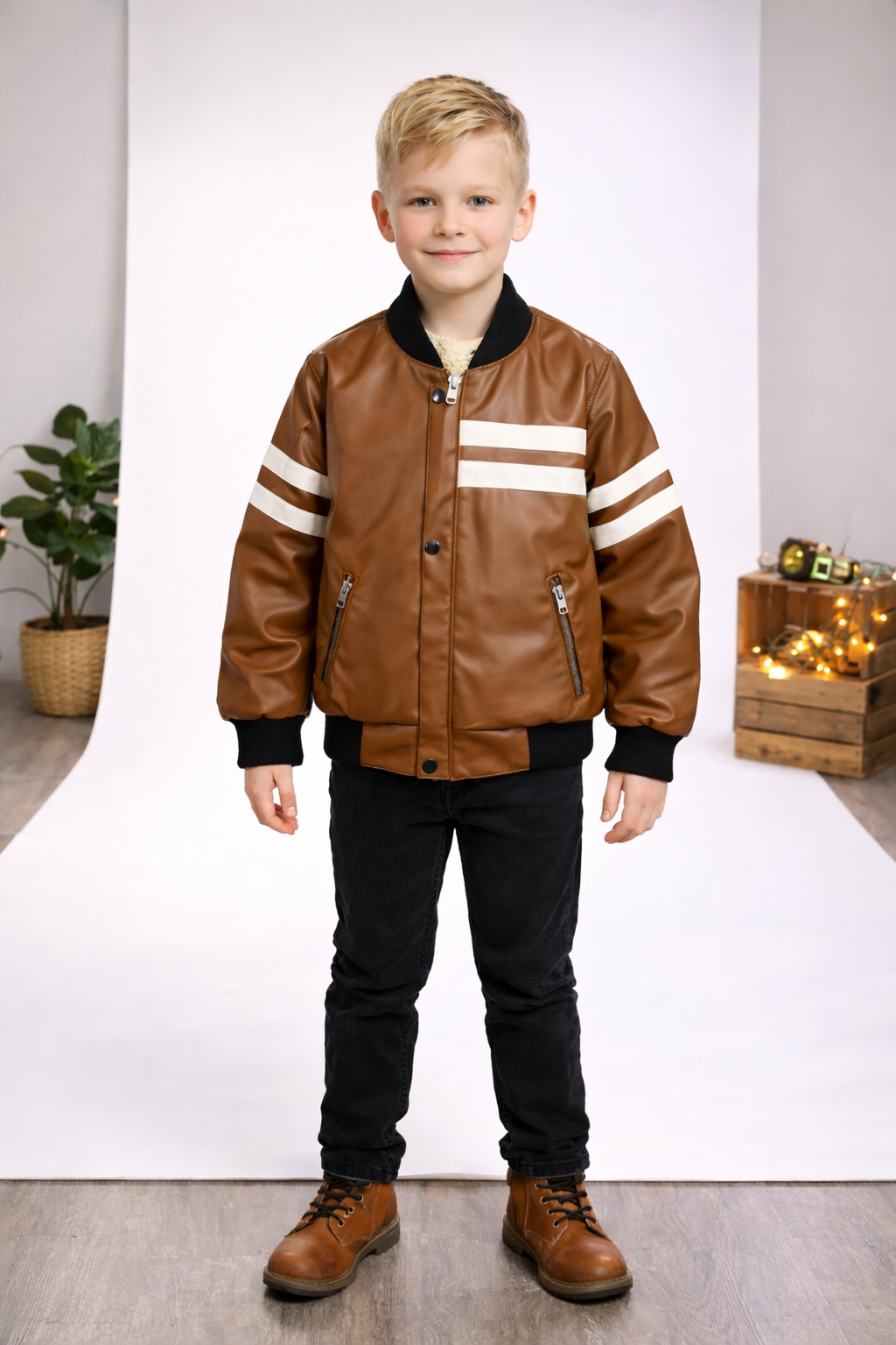Jungen Lederjacke mit Fellfutter 5123 - Cognac