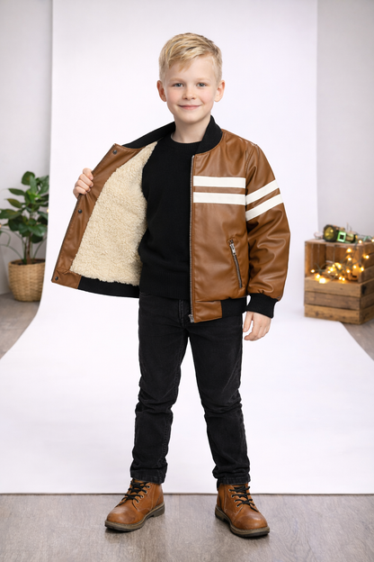 Jungen Lederjacke mit Fellfutter 5123 - Cognac