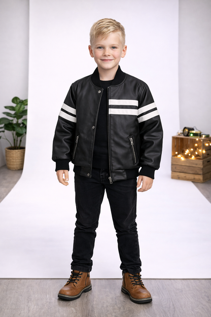 Jungen Lederjacke mit Fellfutter 5123 - Schwarz