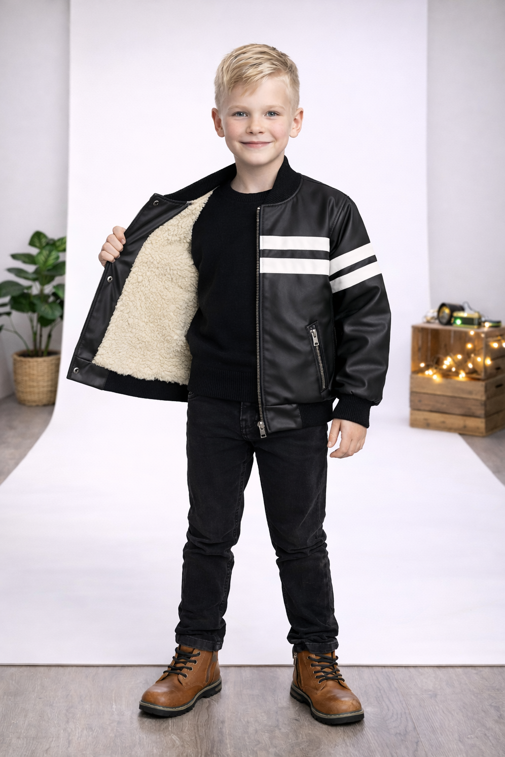 Jungen Lederjacke mit Fellfutter 5123 - Schwarz