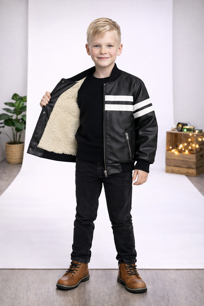 Jungen Lederjacke mit Fellfutter 5123 - Schwarz
