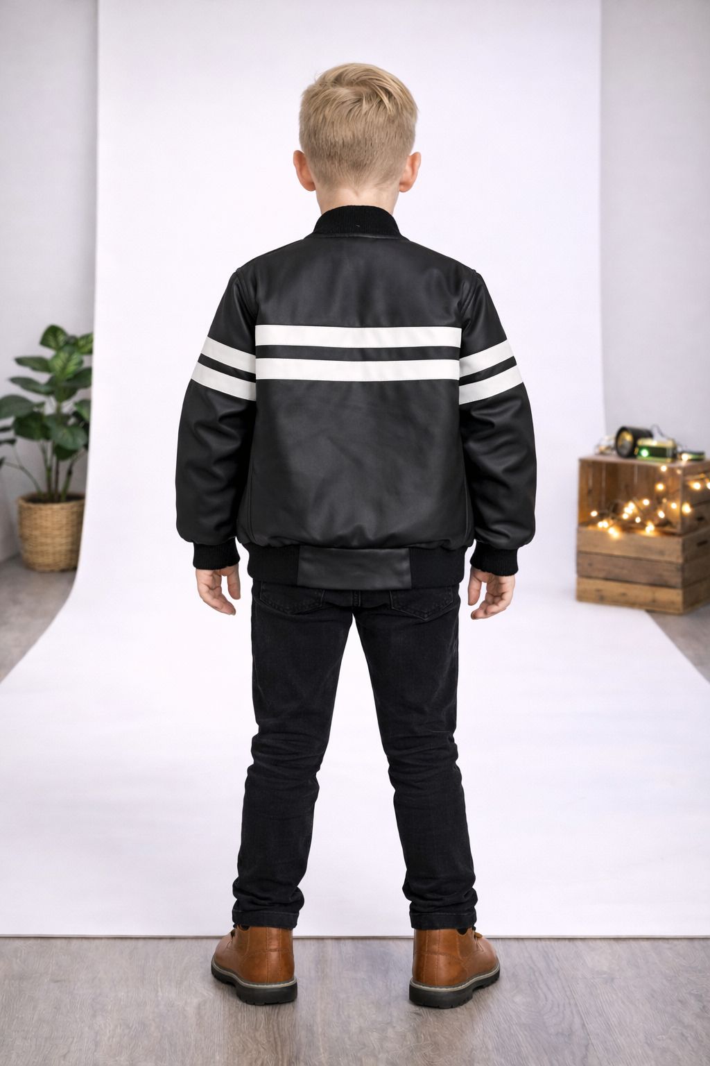 Jungen Lederjacke mit Fellfutter 5123 - Schwarz