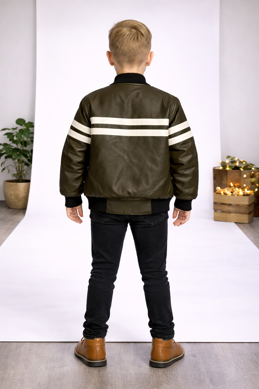 Jungen Lederjacke mit Fellfutter 5123 - Khaki