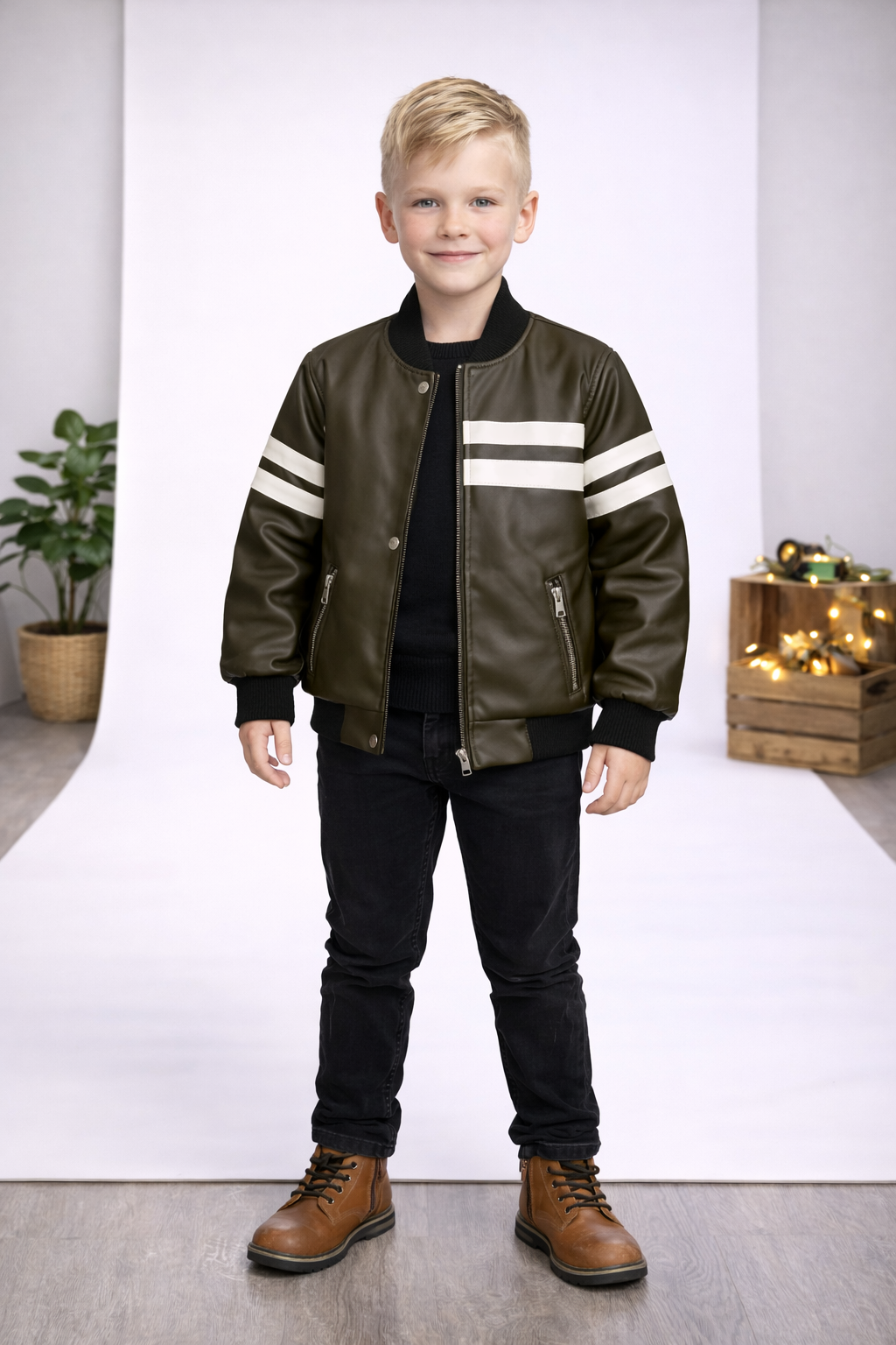 Jungen Lederjacke mit Fellfutter 5123 - Khaki