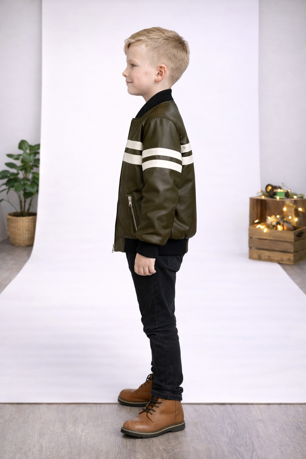 Jungen Lederjacke mit Fellfutter 5123 - Khaki