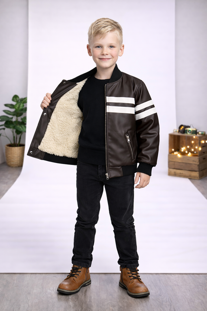 Jungen Lederjacke mit Fellfutter 5123 - Braun
