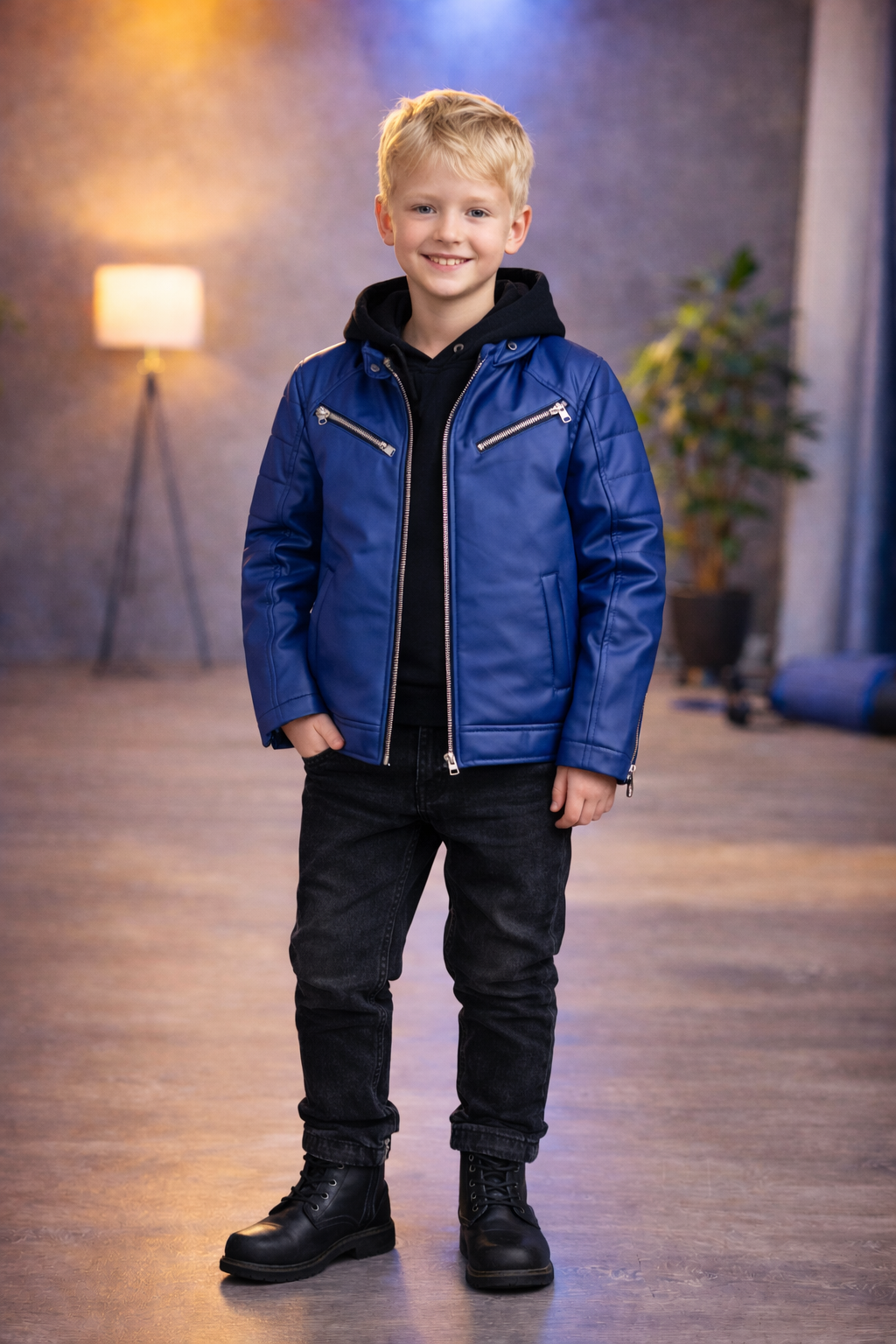 Jungen Lederjacke mit Fellfutter 5125 - Blau