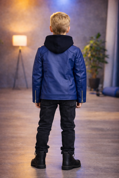 Jungen Lederjacke mit Fellfutter 5125 - Blau