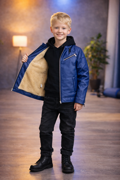 Jungen Lederjacke mit Fellfutter 5125 - Blau