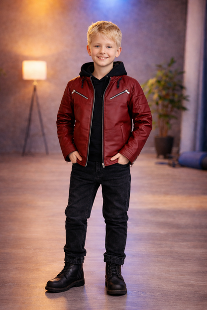 Jungen Lederjacke mit Fellfutter 5125 - Bordeaux