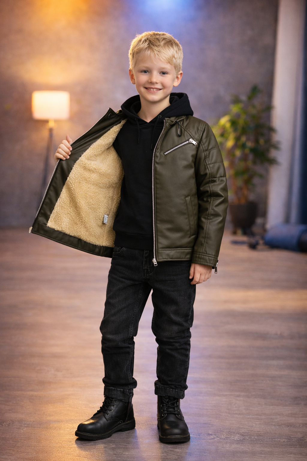 Jungen Lederjacke mit Fellfutter 5125 - Khaki