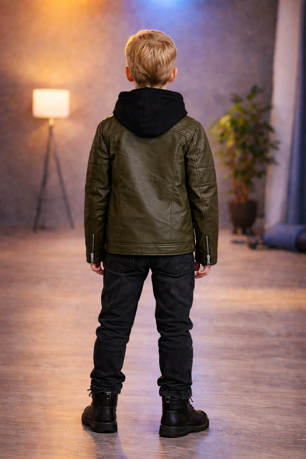 Jungen Lederjacke mit Fellfutter 5125 - Khaki