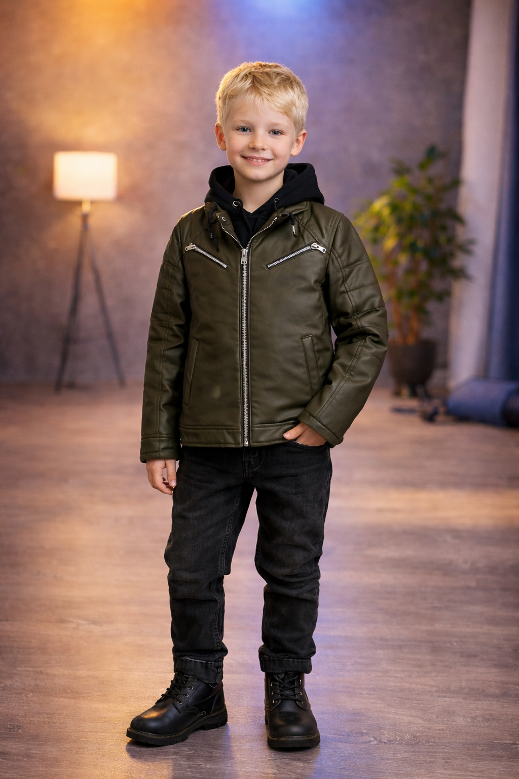 Jungen Lederjacke mit Fellfutter 5125 - Khaki