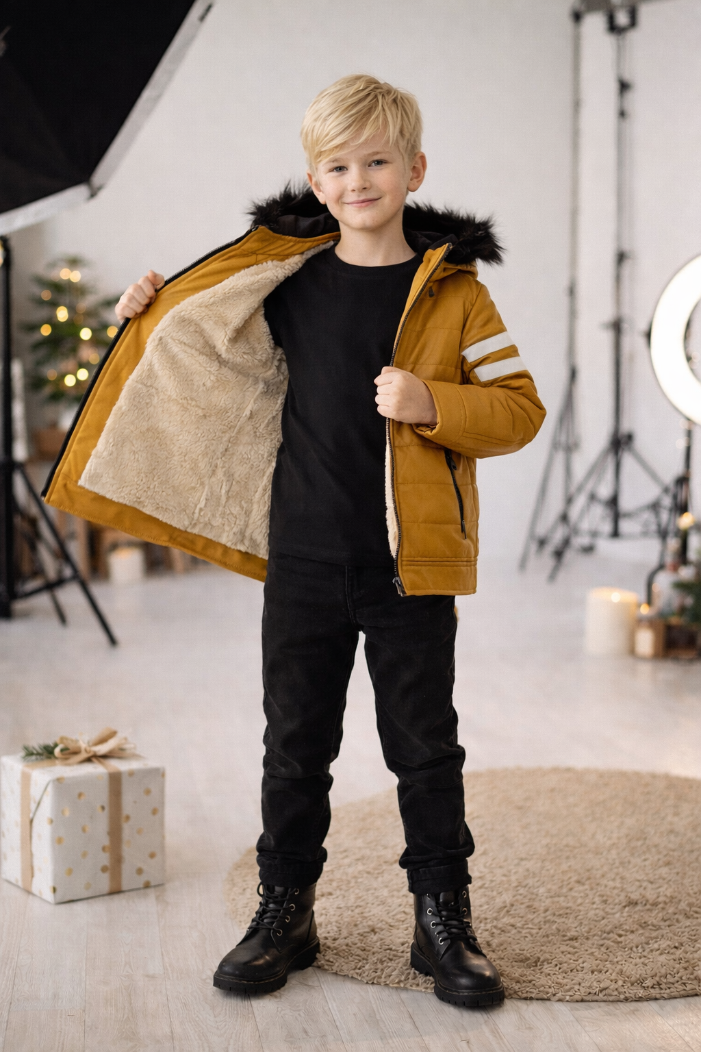 Jungen Lederjacke mit Fellfutter 5126 - Gelb