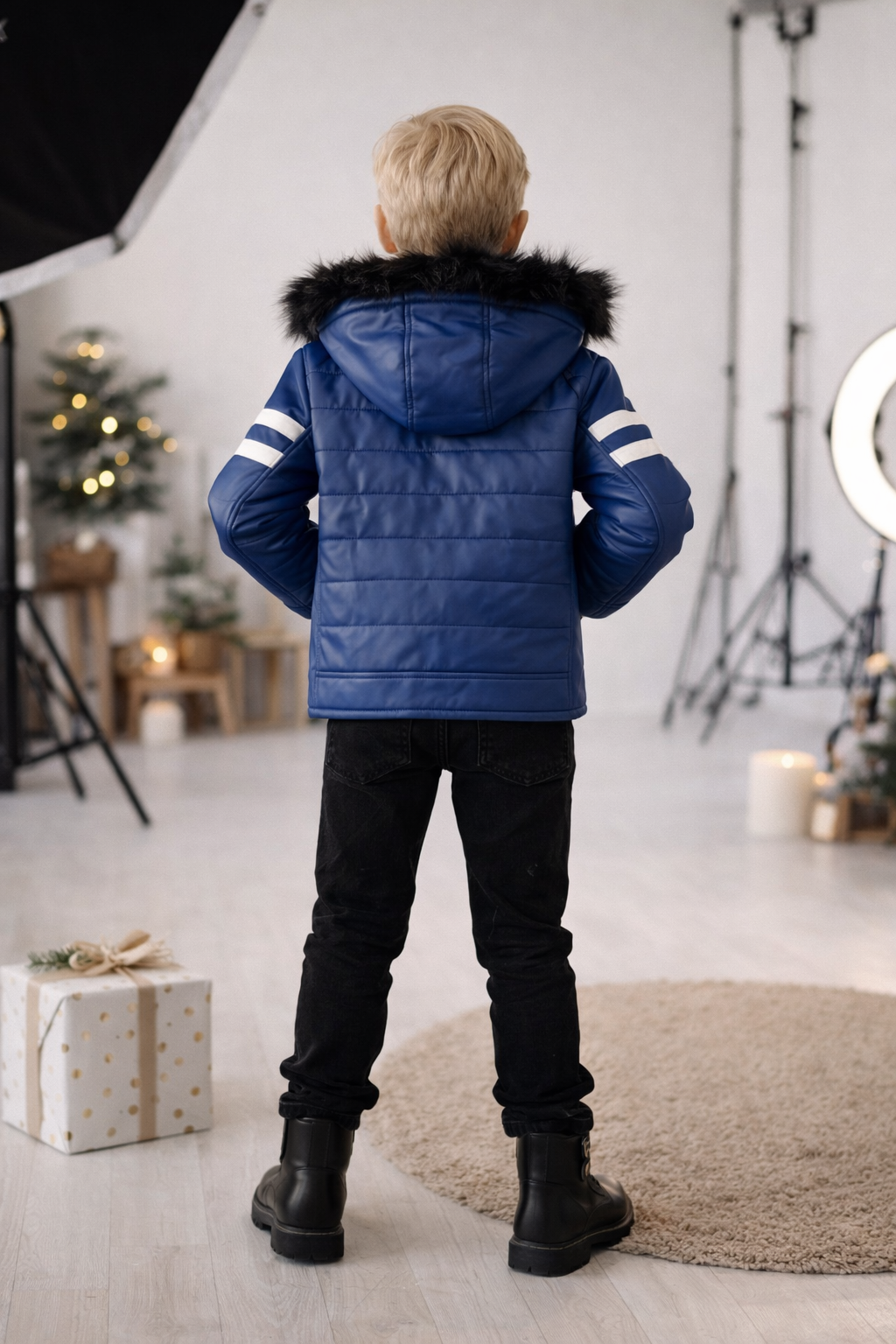 Jungen Lederjacke mit Fellfutter 5126 - Blau