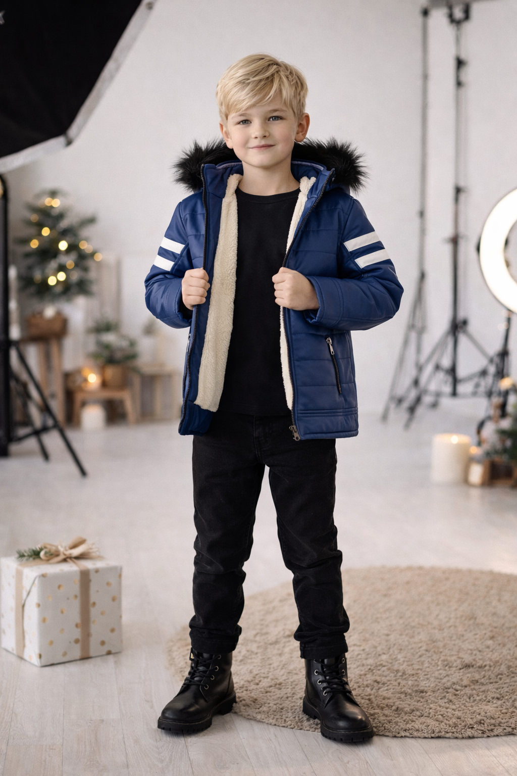 Jungen Lederjacke mit Fellfutter 5126 - Blau