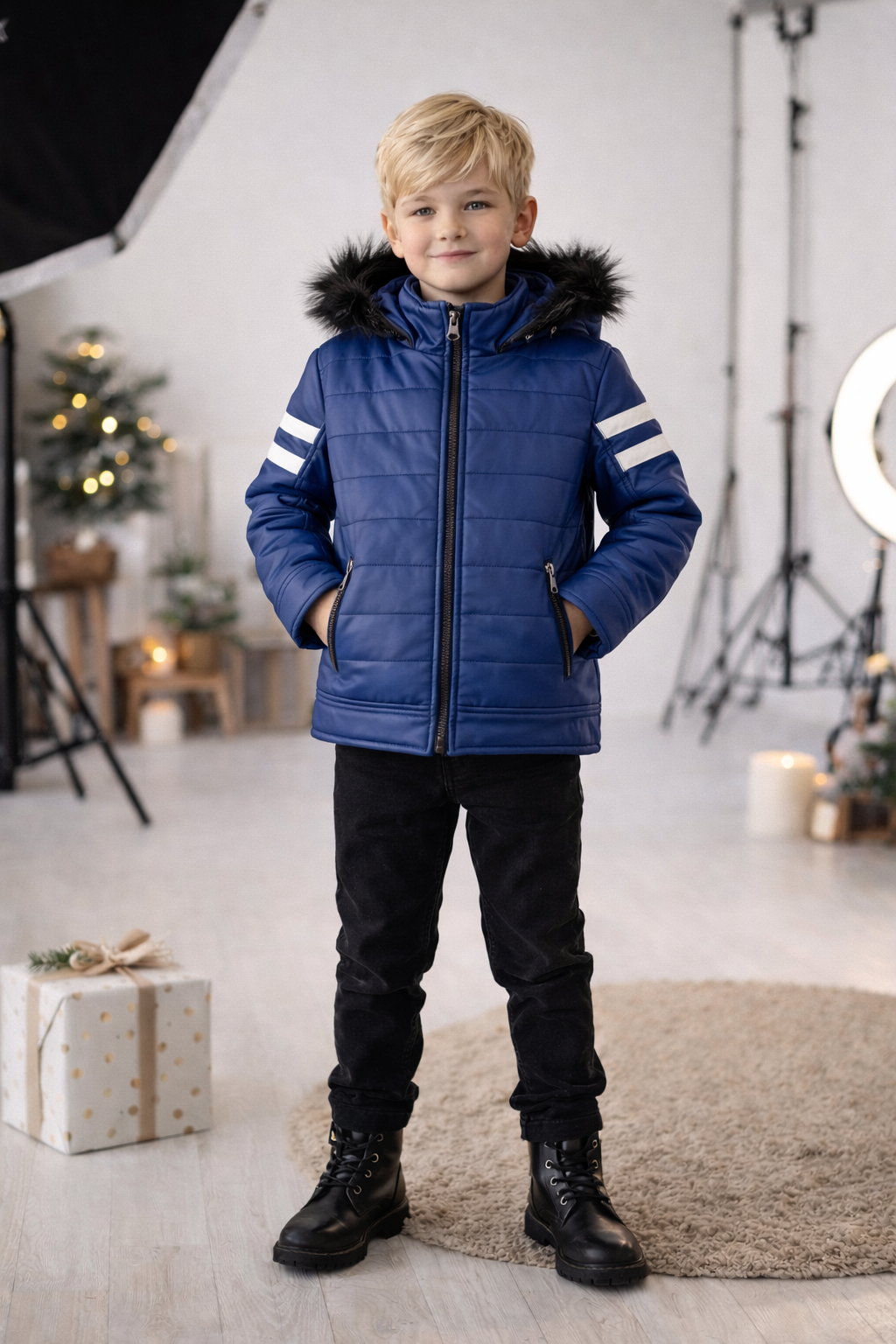 Jungen Lederjacke mit Fellfutter 5126 - Blau