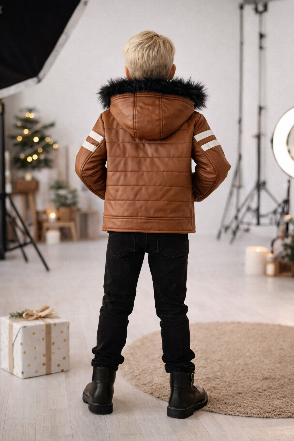 Jungen Lederjacke mit Fellfutter 5126 - Cognac