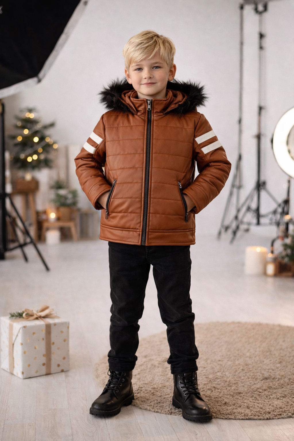 Jungen Lederjacke mit Fellfutter 5126 - Cognac