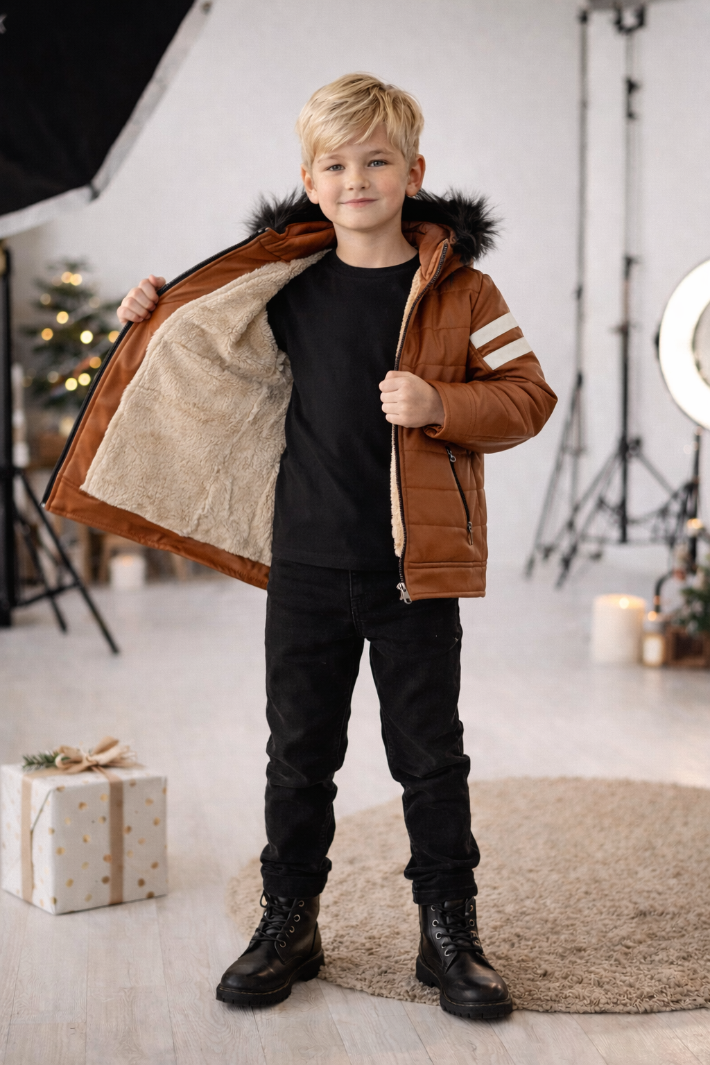 Jungen Lederjacke mit Fellfutter 5126 - Cognac