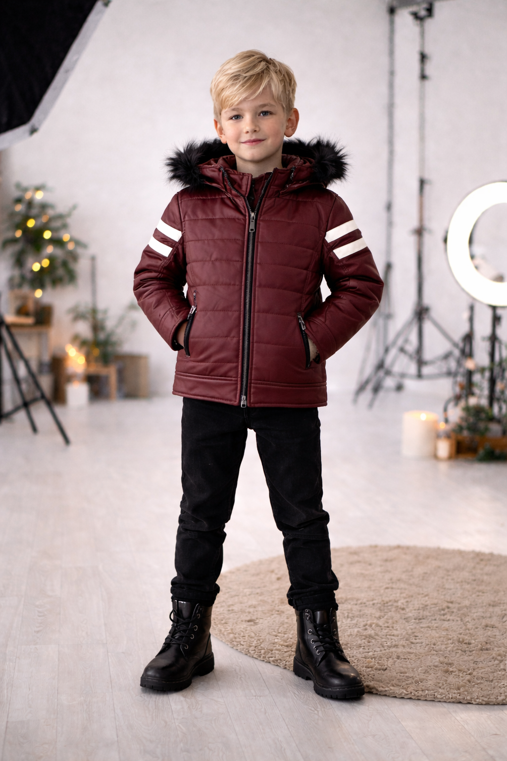 Jungen Lederjacke mit Fellfutter 5126 - Bordeaux