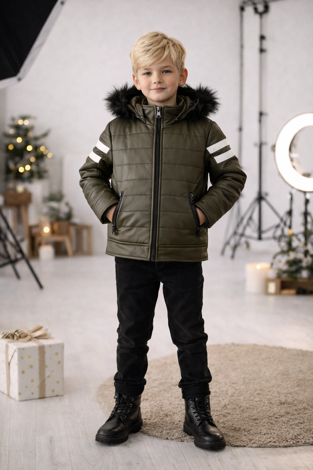 Jungen Lederjacke mit Fellfutter 5126 - Khaki