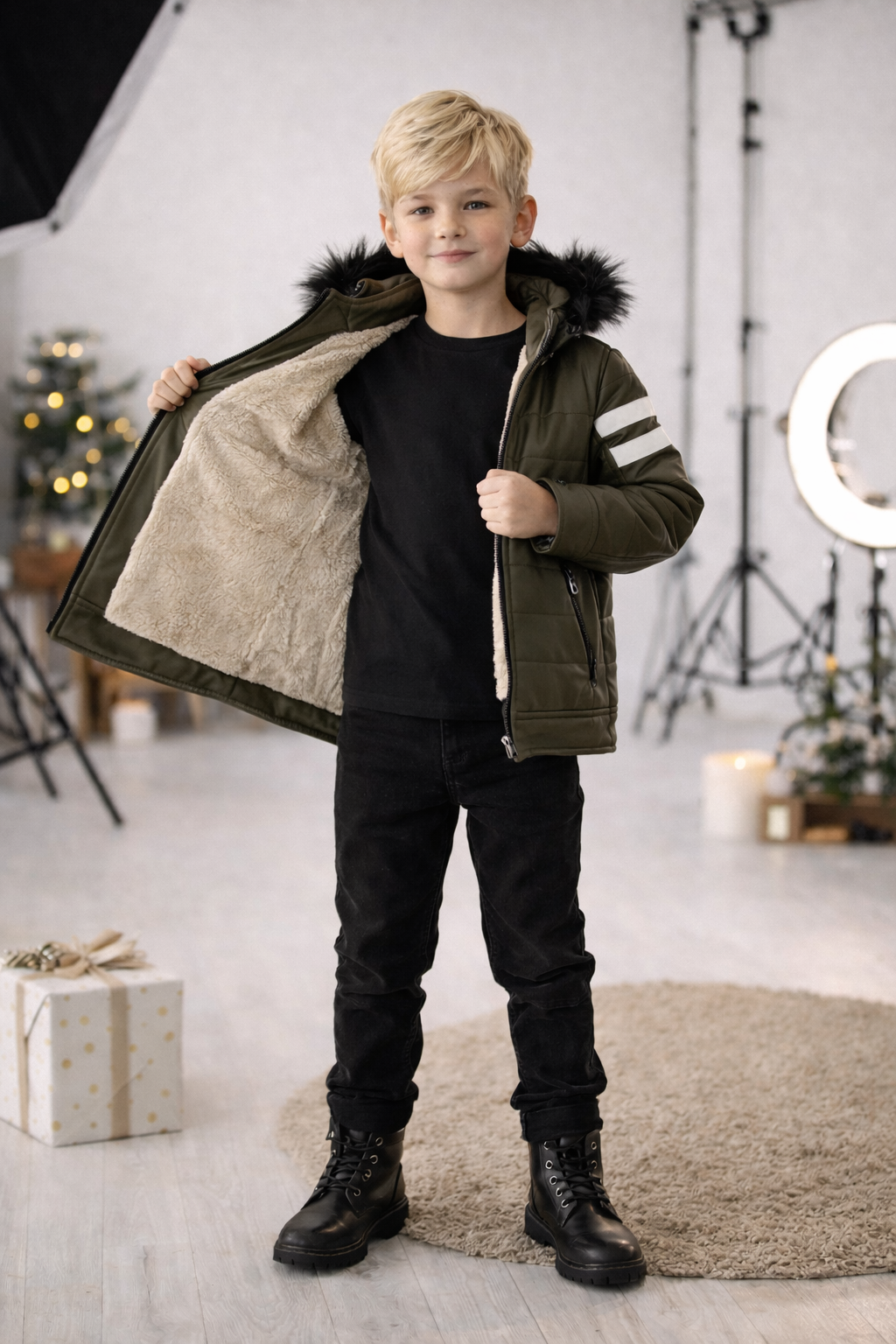 Jungen Lederjacke mit Fellfutter 5126 - Khaki