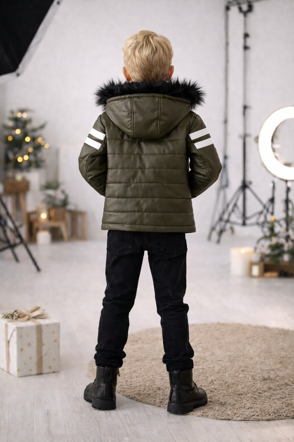 Jungen Lederjacke mit Fellfutter 5126 - Khaki