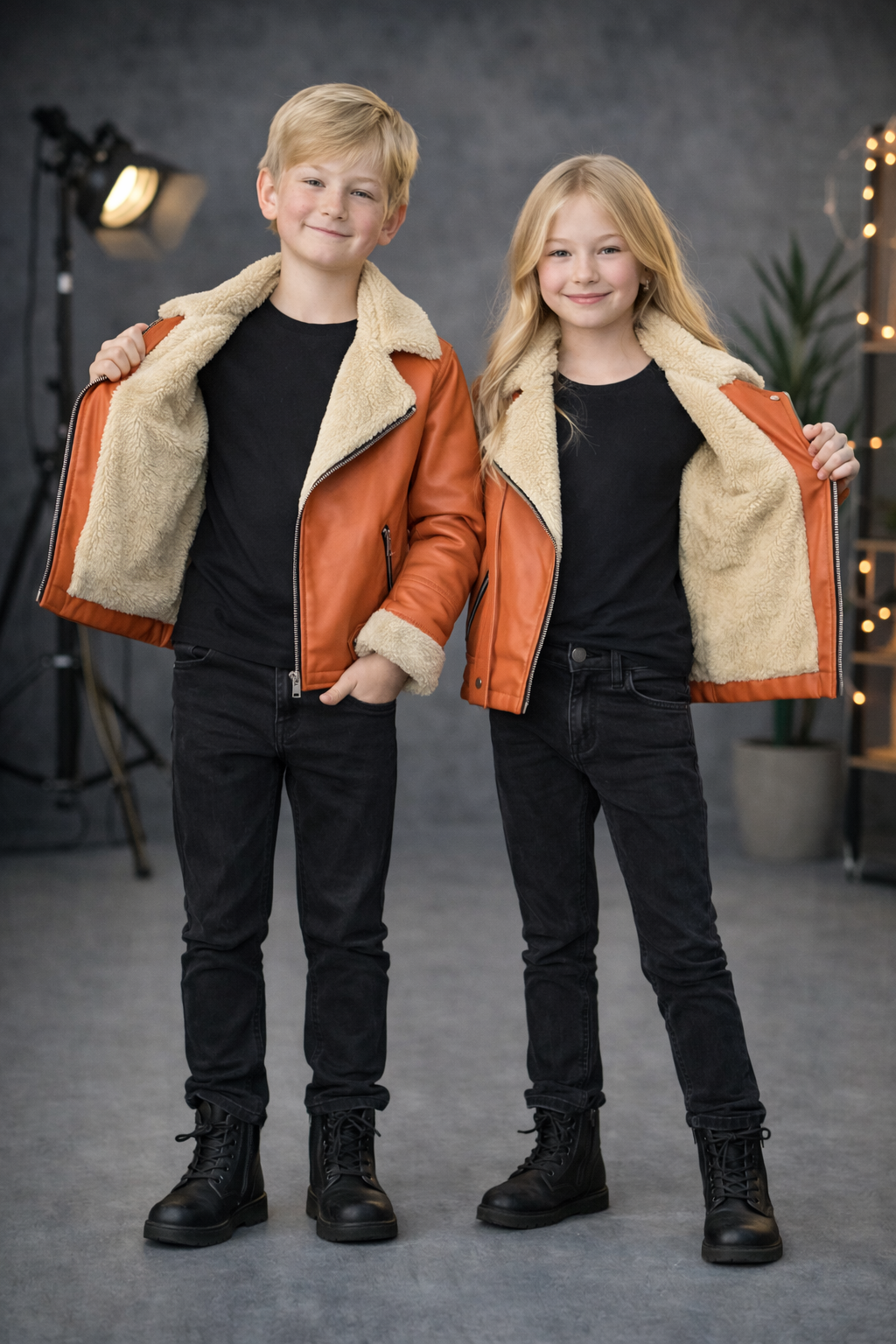 Unisex Kinder Lederjacke mit Fellfutter 5128 - Rosa