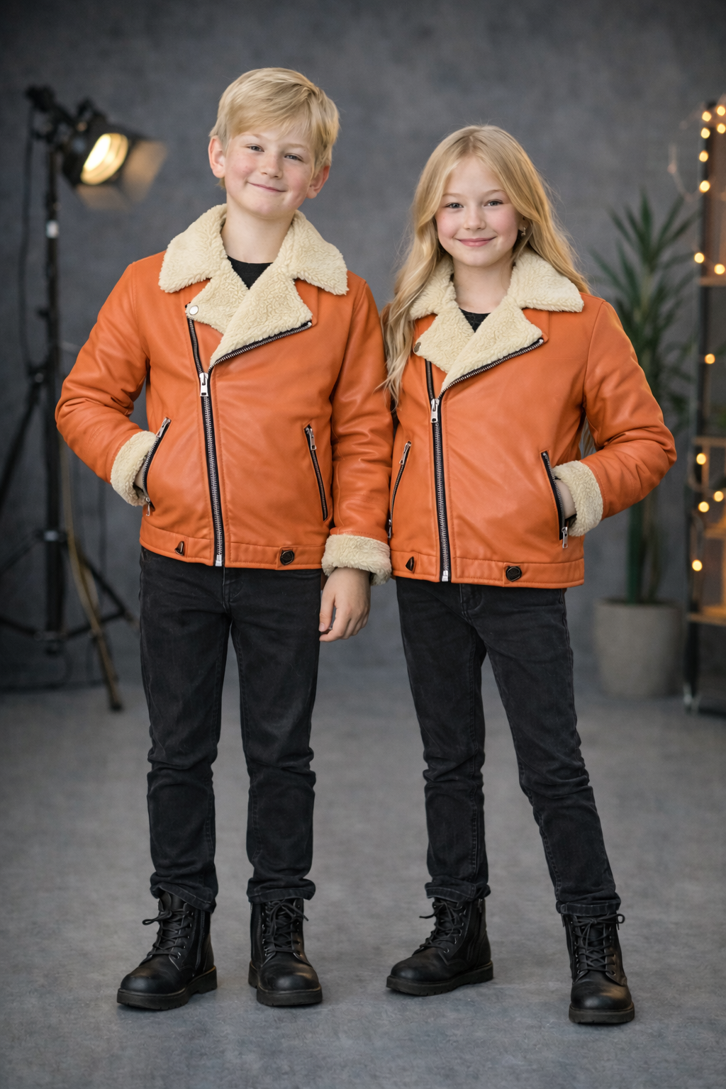Unisex Kinder Lederjacke mit Fellfutter 5128 - Rosa