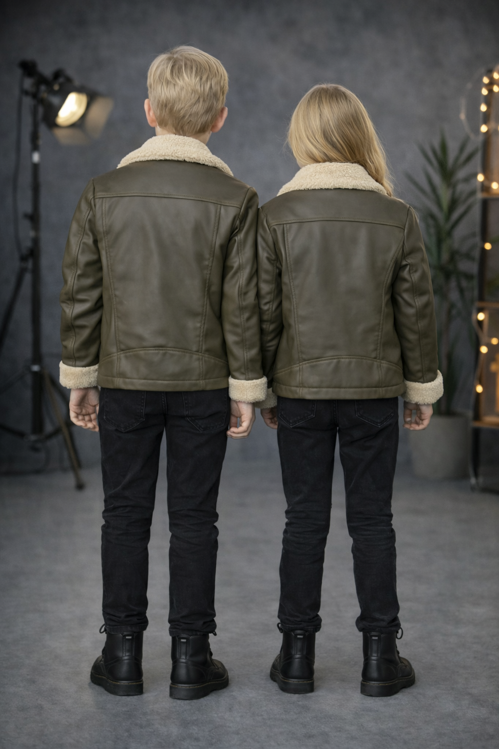 Unisex Kinder Lederjacke mit Fellfutter 5128 - Khaki