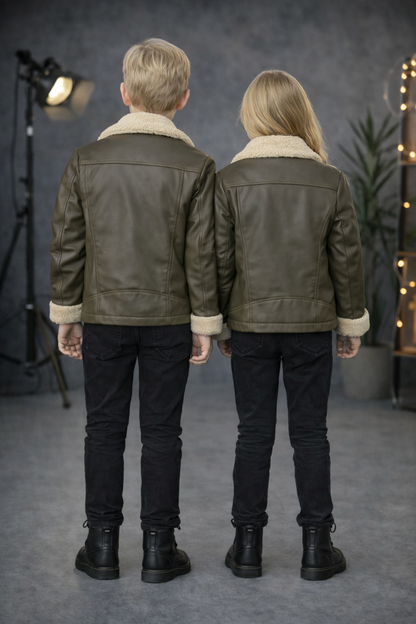 Unisex Kinder Lederjacke mit Fellfutter 5128 - Khaki