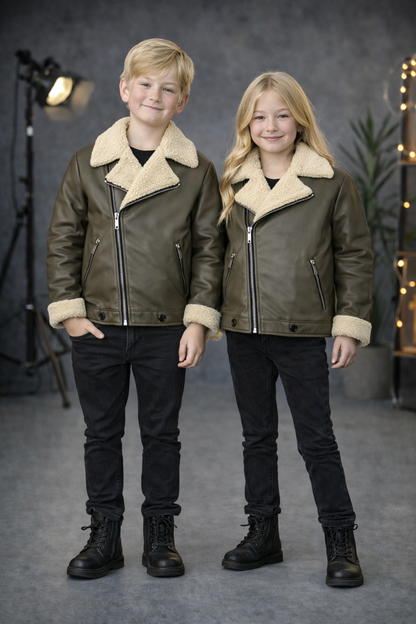 Unisex Kinder Lederjacke mit Fellfutter 5128 - Khaki