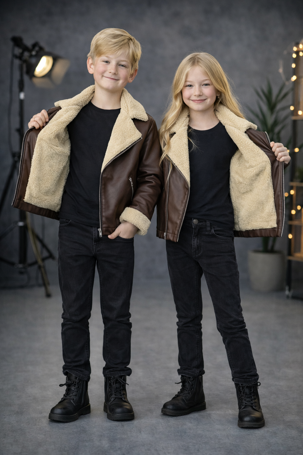 Unisex Kinder Lederjacke mit Fellfutter 5128 - Mausgrau