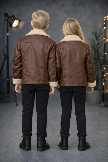 Unisex Kinder Lederjacke mit Fellfutter 5128 - Mausgrau