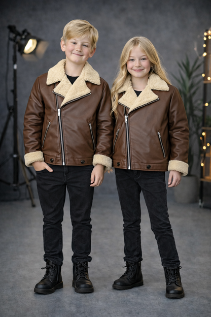 Unisex Kinder Lederjacke mit Fellfutter 5128 - Mausgrau