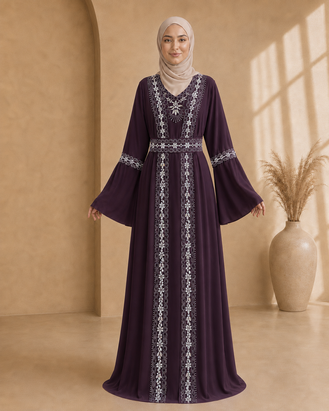 4142  قفطان شيفون ألماس - Aubergine