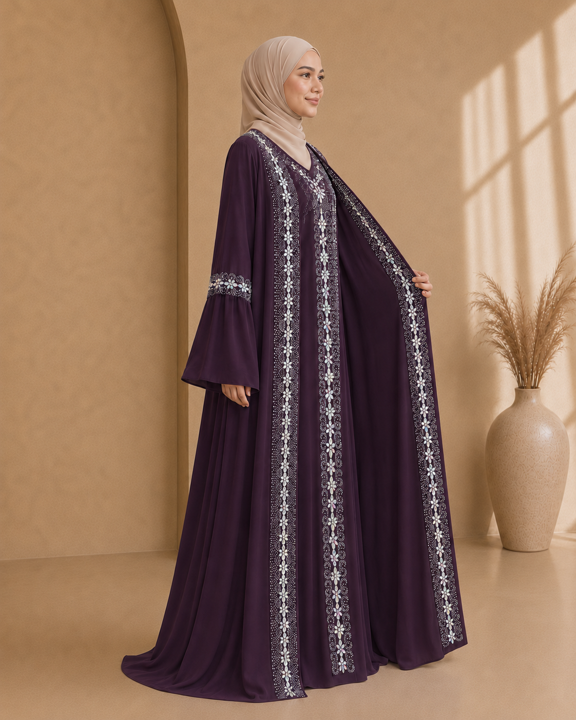 4142  قفطان شيفون ألماس - Aubergine