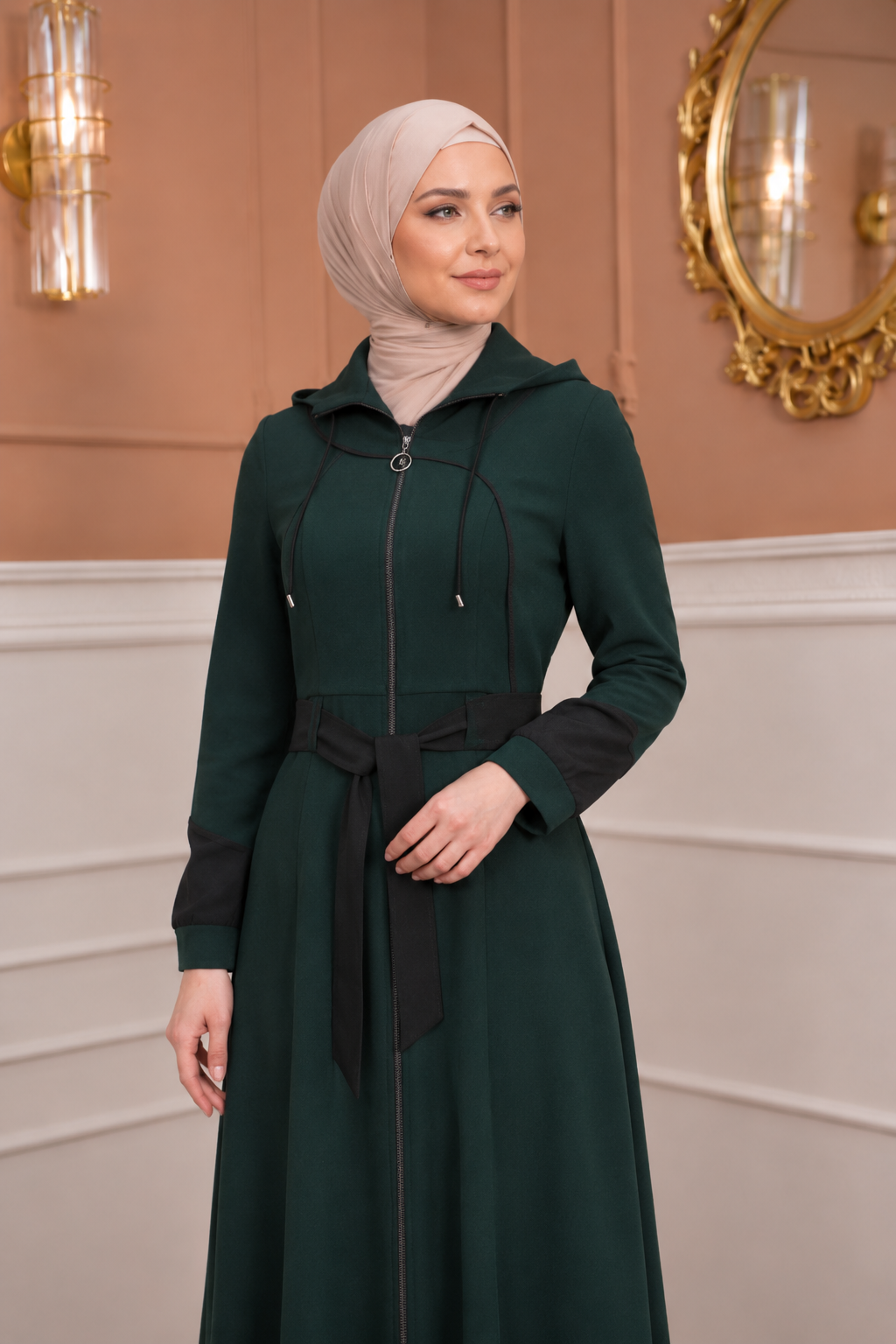 Eleganter luxuriöser Prada-Mantel mit abnehmbarem Kapuzenkragen 1234 - Khaki