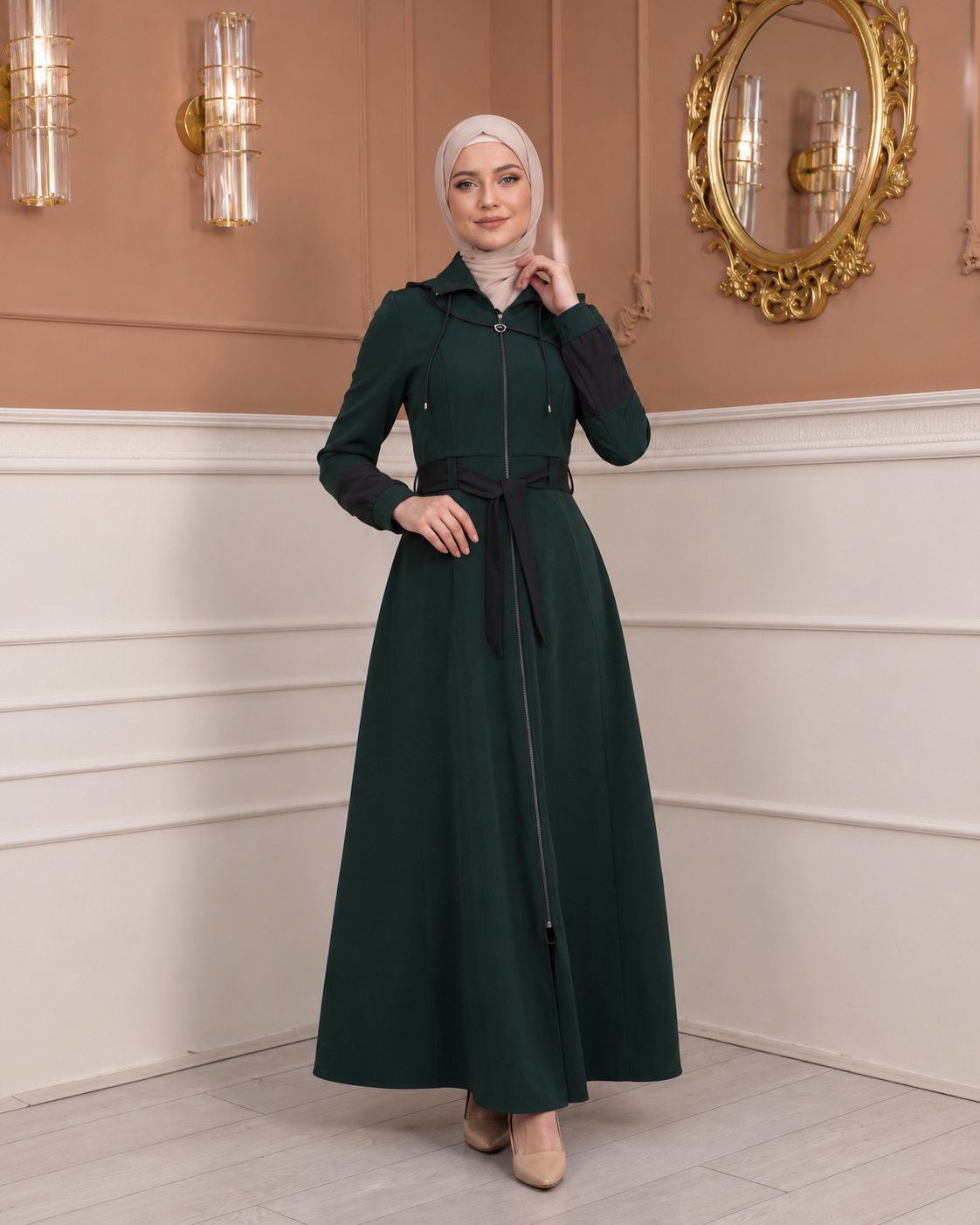 Eleganter luxuriöser Prada-Mantel mit abnehmbarem Kapuzenkragen 1234 - Khaki