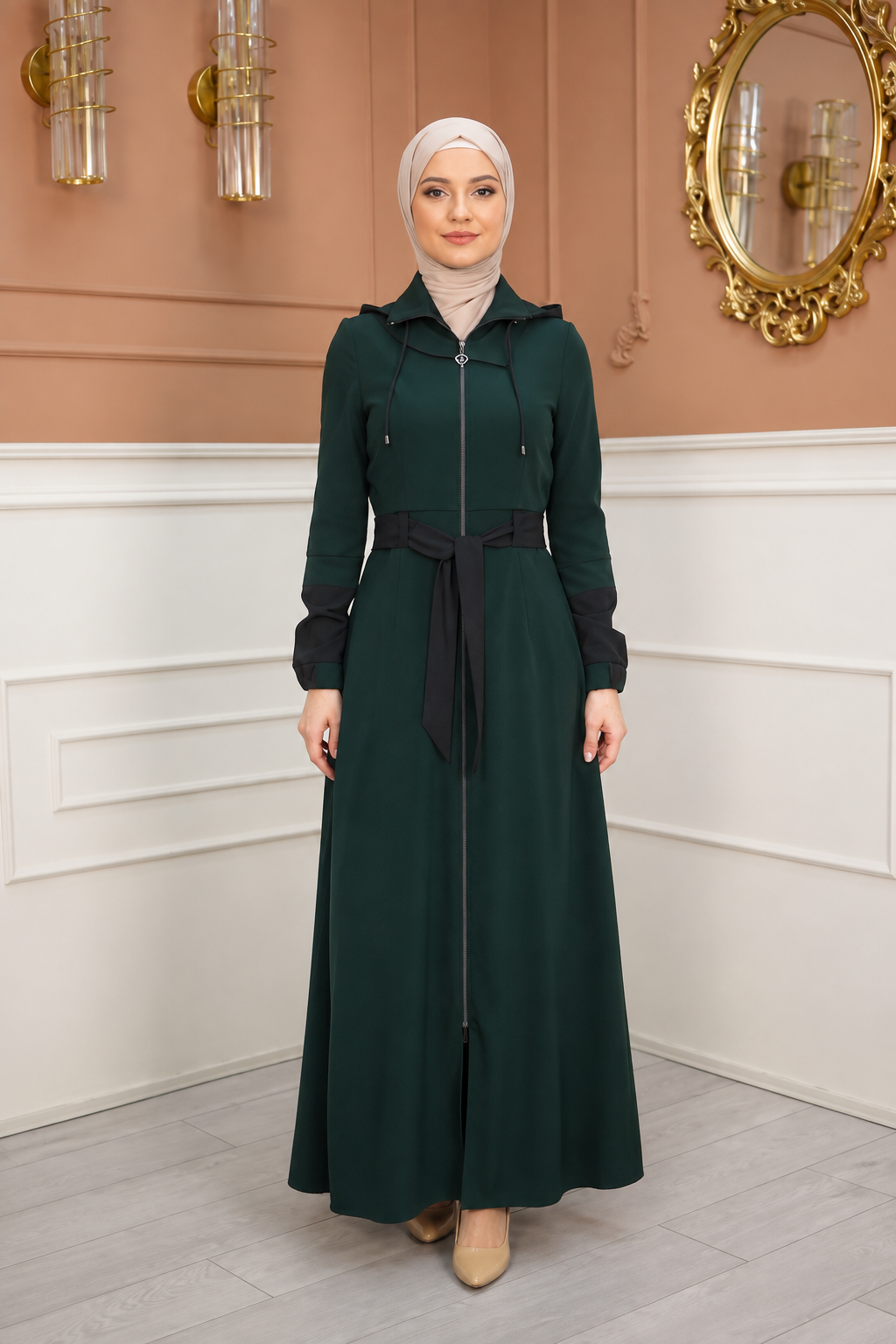 Eleganter luxuriöser Prada-Mantel mit abnehmbarem Kapuzenkragen 1234 - Khaki