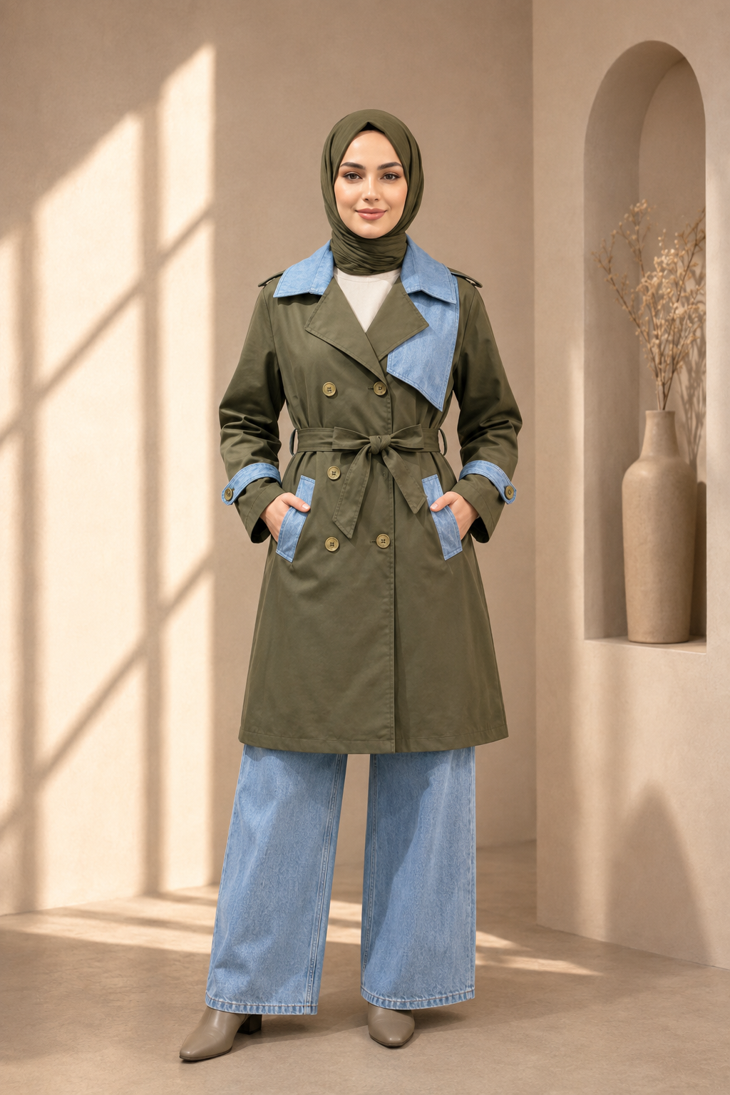 4300 طقم كتان مع بنطلون جنز - Khaki